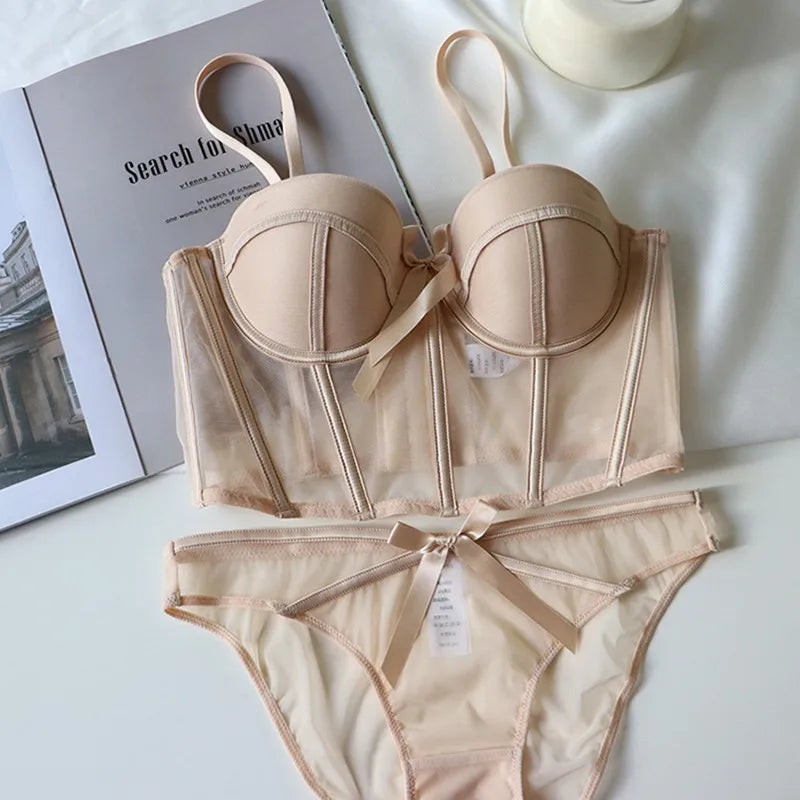 French Lace Dobby Corset Lingerie Set – Soft Bra & Panties for Women, Romantic Wedding Body Shaper & Cropped Top Underwear