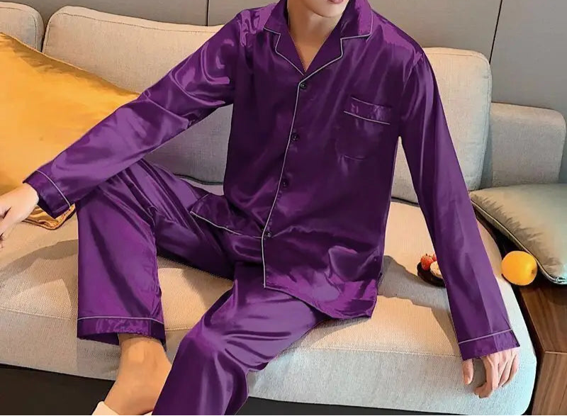 Men’s & Teen Boys Pajama Set – Thin Ice Silk Long Sleeve Sleepwear, Spring/Autumn Loungewear