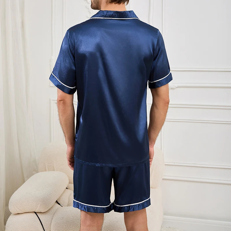 Men’s Satin Short Sleeve Pajama Set – Summer Sleepwear with Button-Down Shirt & Elastic Waist Shorts