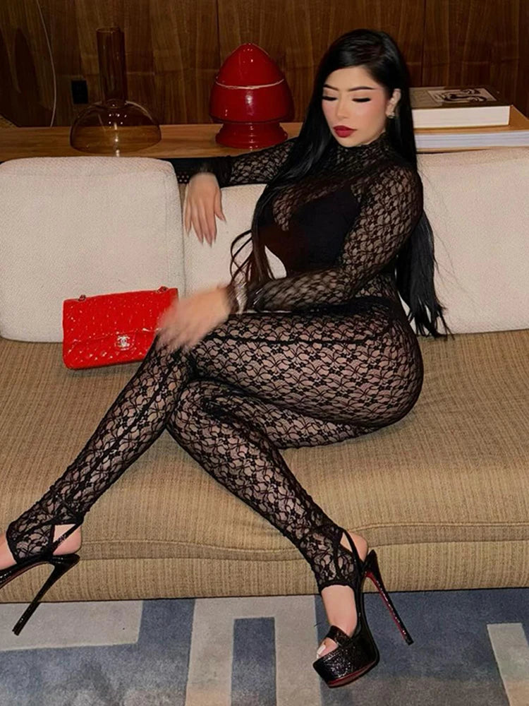 Sexy Lace See-Through Jumpsuit – Coquette Long Sleeve Stand Collar Clubwear for Women, Stretchy Night out Outfit