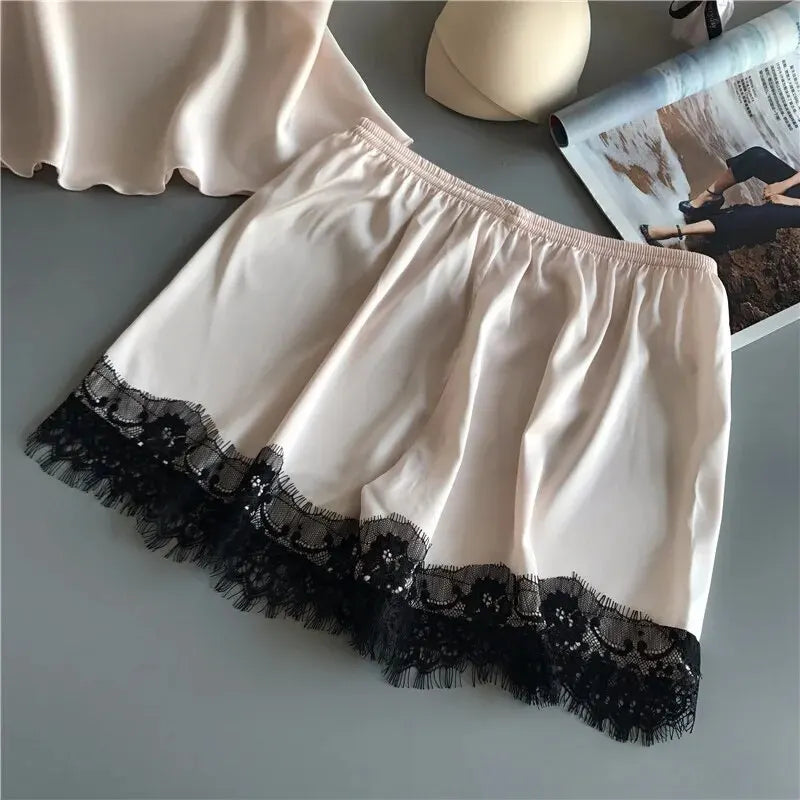 Sultry Lace Sleep Set – V-Neck Lingerie Top & Flirty Pajama Shorts