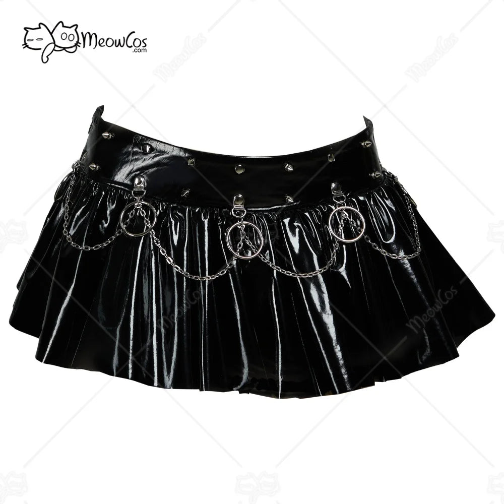 Women's Ultra-Short Gothic Mini Skirt – Black Shiny Faux Leather with Chains