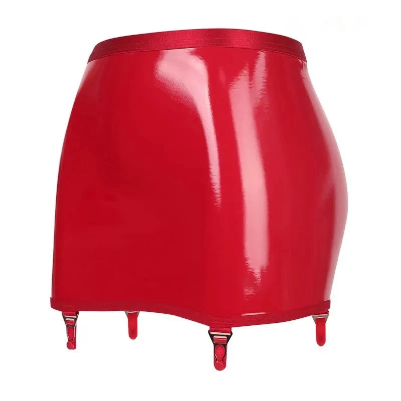 Sexy Women’s Shiny Oil-Slick Hip Wrap Mini Skirt with Metal Buckle Garters – Erotic Faux Leather Clubwear