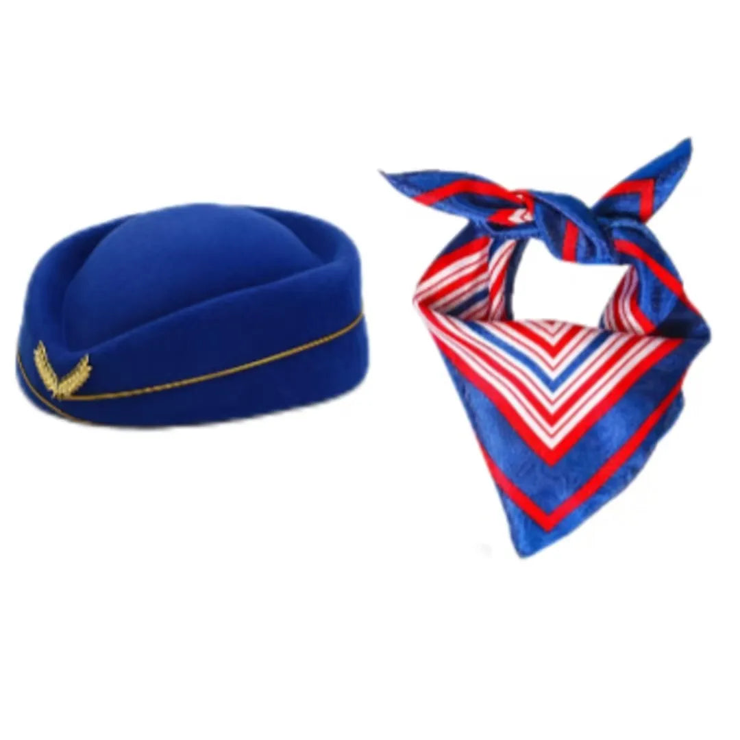 Women's Stewardess Costume – Complete Flight Attendant Outfit with Hat, Gloves, Scarf & Sunglasses