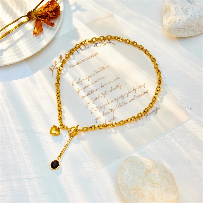 Stainless Steel Heart Pendant Necklace – Black Stone & Gold OT-Buckle Chain Jewelry for Women