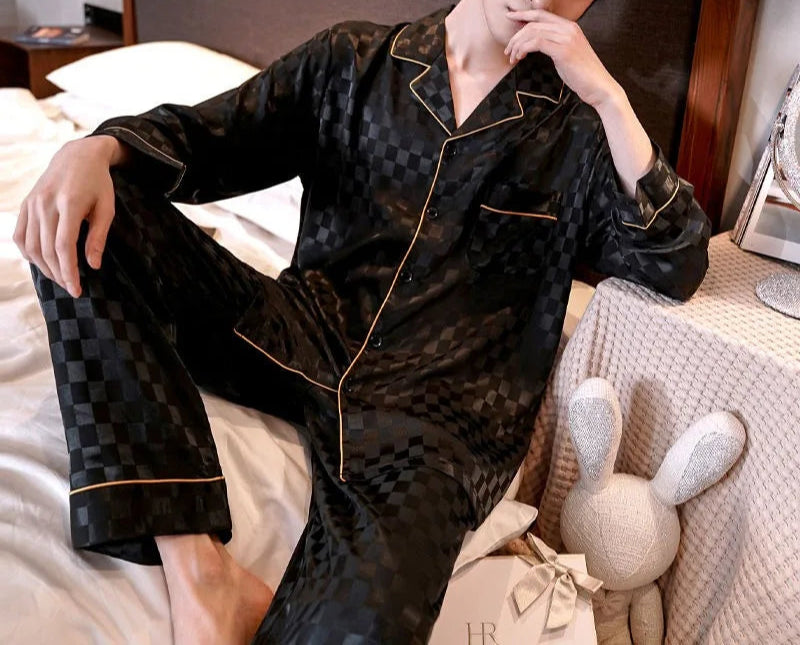 Men’s & Teen Boys Pajama Set – Thin Ice Silk Long Sleeve Sleepwear, Spring/Autumn Loungewear