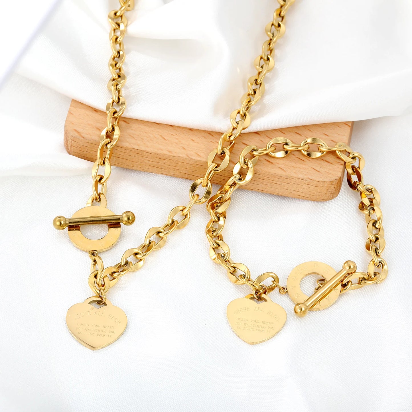 Heart Love Jewelry Set – Necklace & Bracelet Set for Women | Glossy Waterproof Stainless Steel, Romantic Birthday Gift