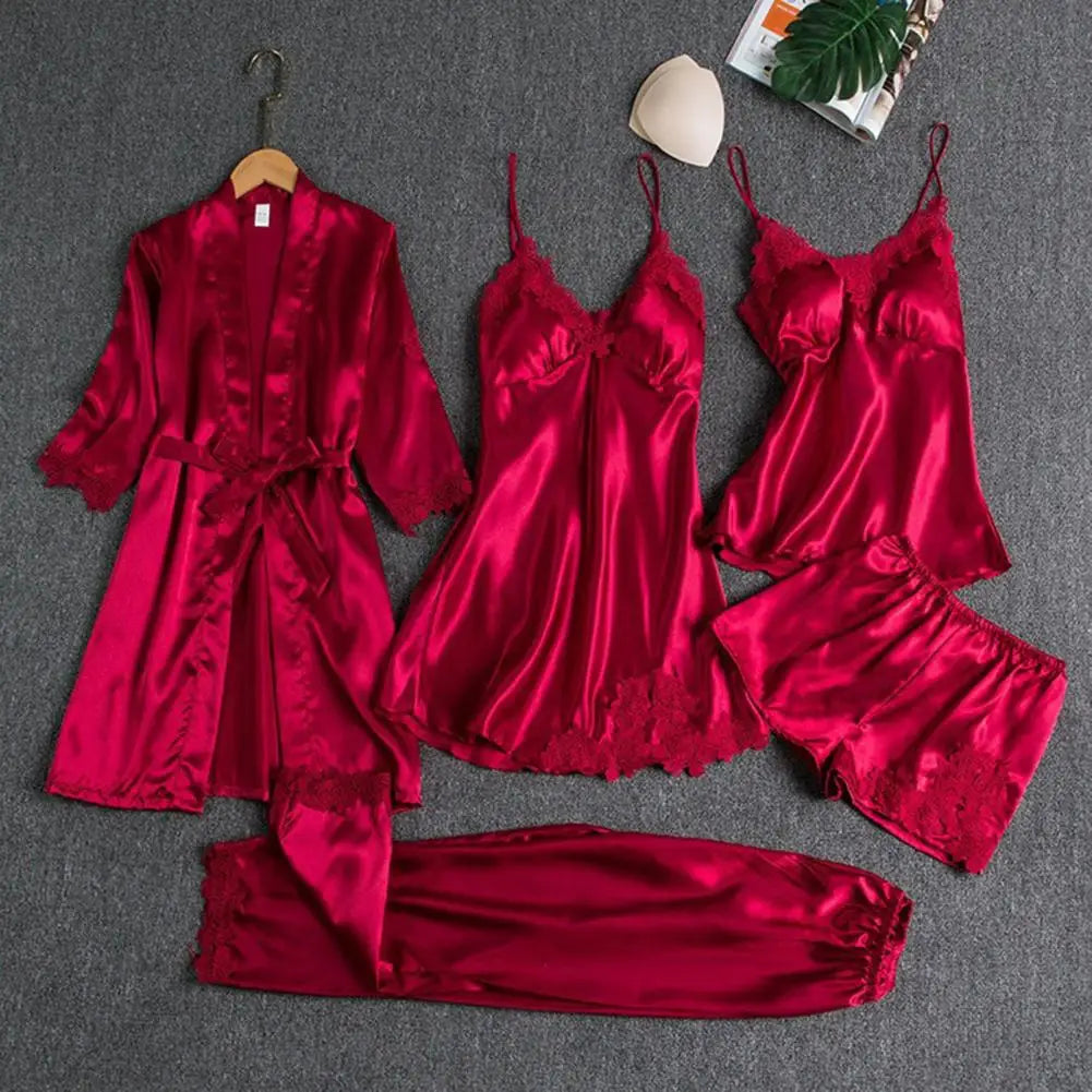 Elegant Women's 5-Piece Satin Pajama Set – Lightweight Lace Sleepwear with Robe, Dress, Top, Shorts & Pants
