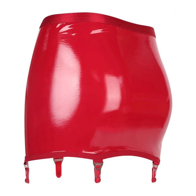 Sexy Women’s Shiny Oil-Slick Hip Wrap Mini Skirt with Metal Buckle Garters – Erotic Faux Leather Clubwear