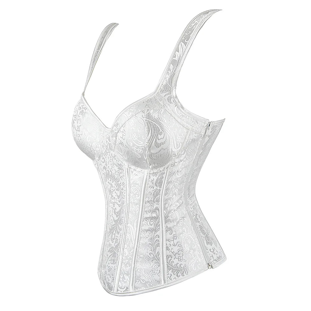 Plus Size Steampunk Overbust Corset with Cups – Zipper Lingerie Bustier with Side Straps, Waist Trainer Corset for Women