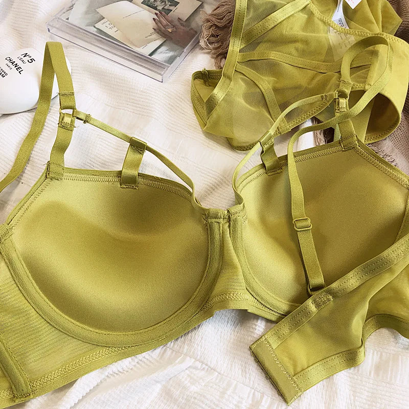 Hot Sale Sexy Lace Lingerie Set – Hollow Push-Up Bra & Bandage Panties for Women, Fluorescent Fashion Underwear (Plus Size C–D Cups)