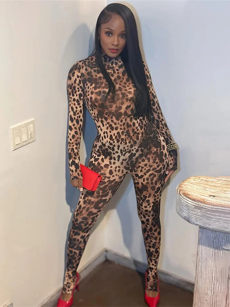 Leopard Print Zip-Up Jumpsuit for Women – Long Sleeve Stretch Fitness Romper