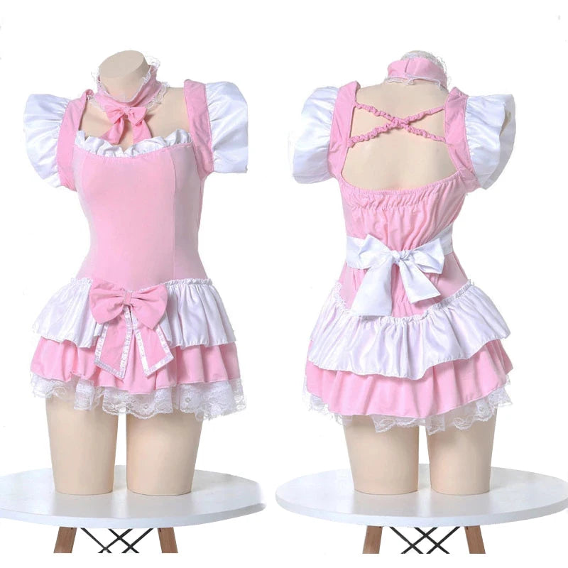 Charming Pink Lolita Maid Costume – Kawaii-Inspired Bodysuit Roleplay Outfit & Lingerie Nightdress for Women