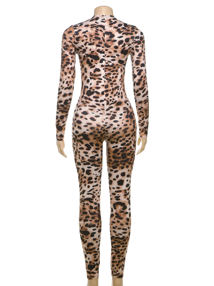 Leopard Print Zip-Up Jumpsuit for Women – Long Sleeve Stretch Fitness Romper