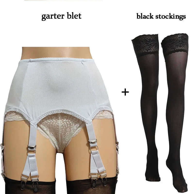 Vintage Sexy Women’s Garter Belt with Lace Stockings – Retro High-Waisted Suspender Belt with 6 Straps & 12 Claws
