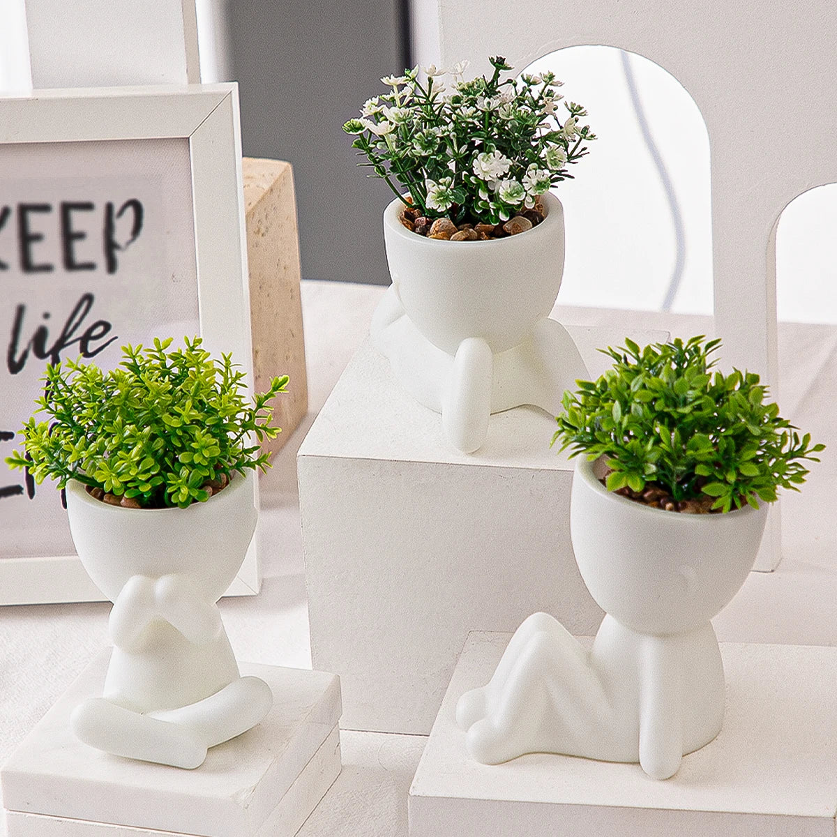 Adorable Eucalyptus Plant in Black & White Character Pot Sexy Boy Girl Pose Mini Planter for Home Decor Present Gift