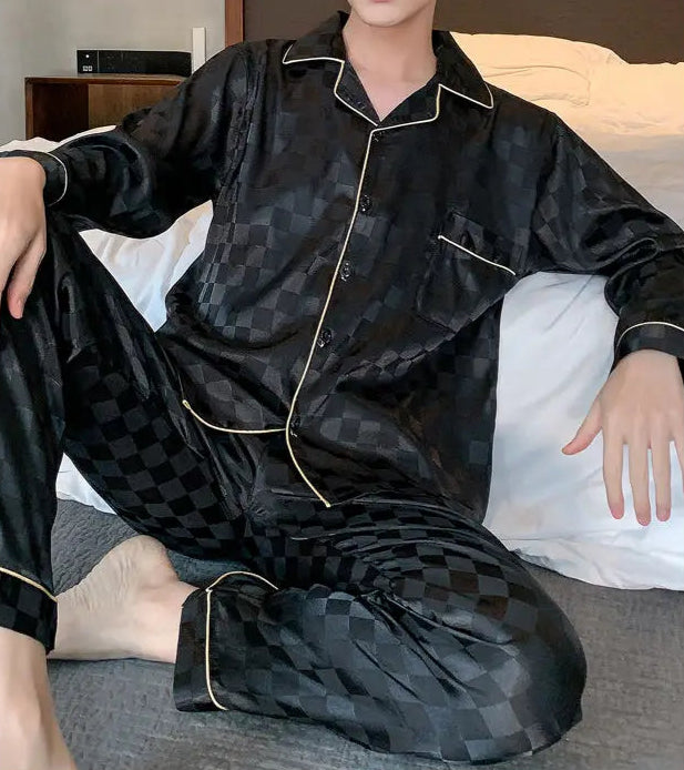 Men’s & Teen Boys Pajama Set – Thin Ice Silk Long Sleeve Sleepwear, Spring/Autumn Loungewear