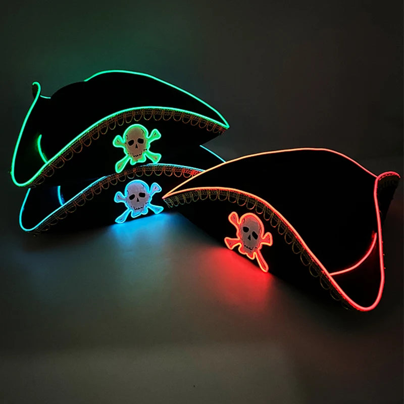 Glowing LED Pirate Hat – Black Skull Cap for Adults – Light-Up Halloween & Pirate Theme Party Costume Accessory