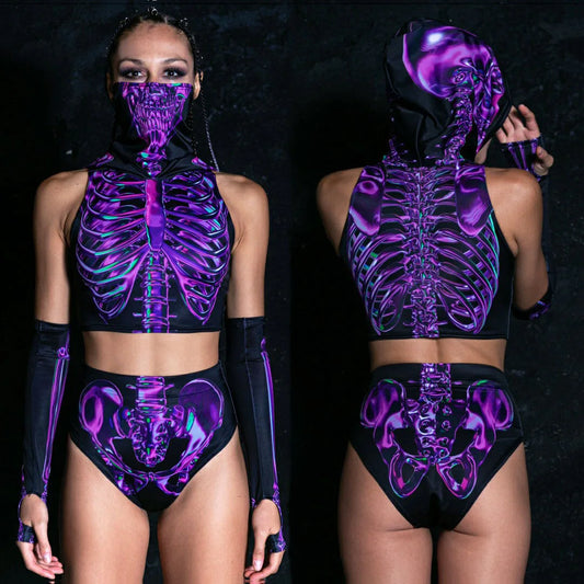 Women’s Cyberpunk Skeleton Print Two-Piece – Psychedelic Skull Crop Top & Shorts Set for Halloween, Raves & Dance Cosplay
