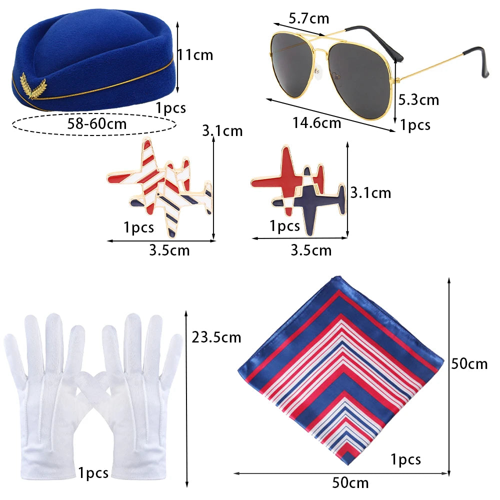 Women's Stewardess Costume – Complete Flight Attendant Outfit with Hat, Gloves, Scarf & Sunglasses