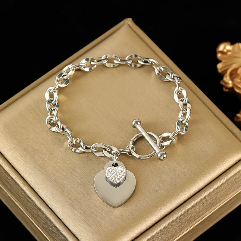 Elegant 3-Color Double Heart Necklace & Bracelet Set – Stainless Steel, Gold/Silver, Waterproof Crystal Jewellery for Women