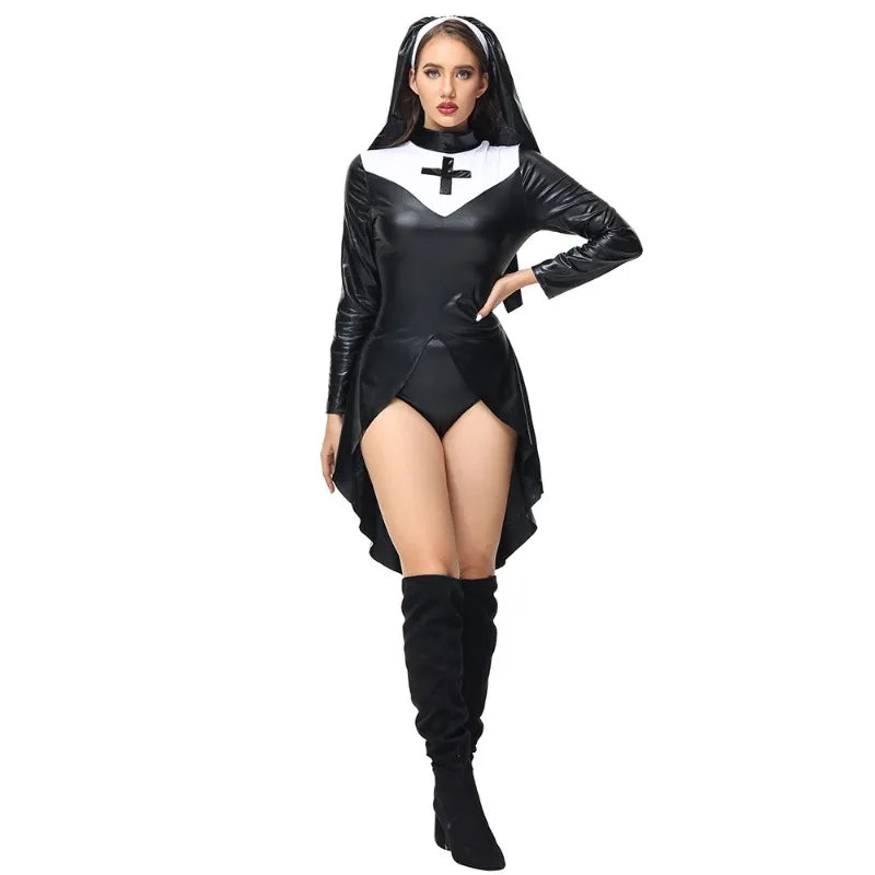 Sexy Sultry Patent Leather Jumpsuit – Naughty Nun Cosplay Outfit for Women | Festival & Roleplay Costume