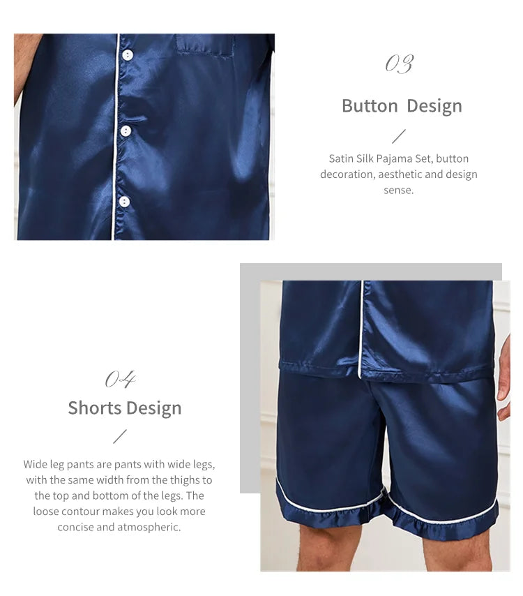 Men’s Satin Short Sleeve Pajama Set – Summer Sleepwear with Button-Down Shirt & Elastic Waist Shorts