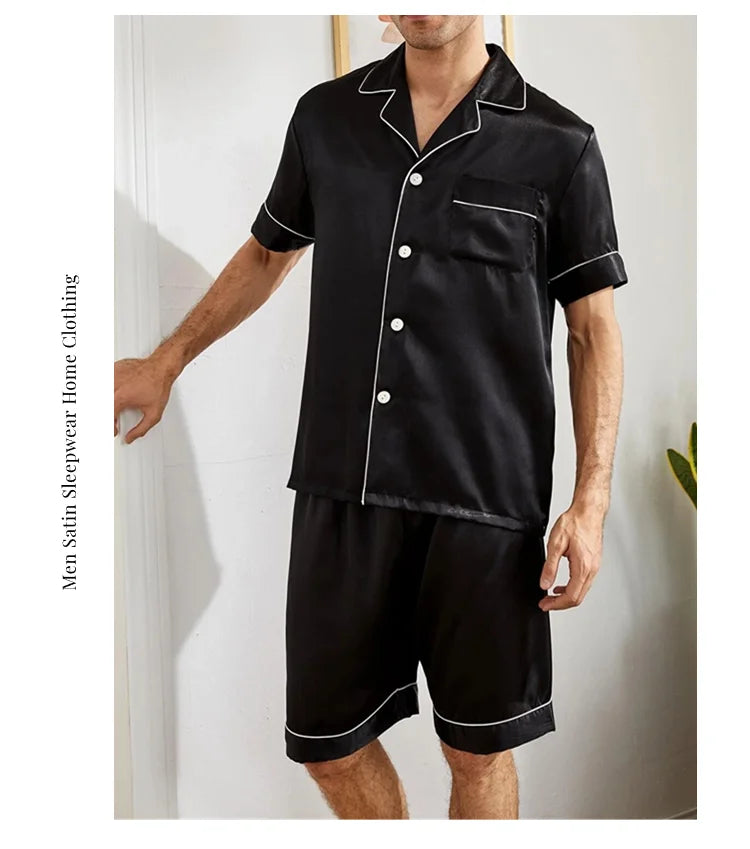 Men’s Satin Short Sleeve Pajama Set – Summer Sleepwear with Button-Down Shirt & Elastic Waist Shorts