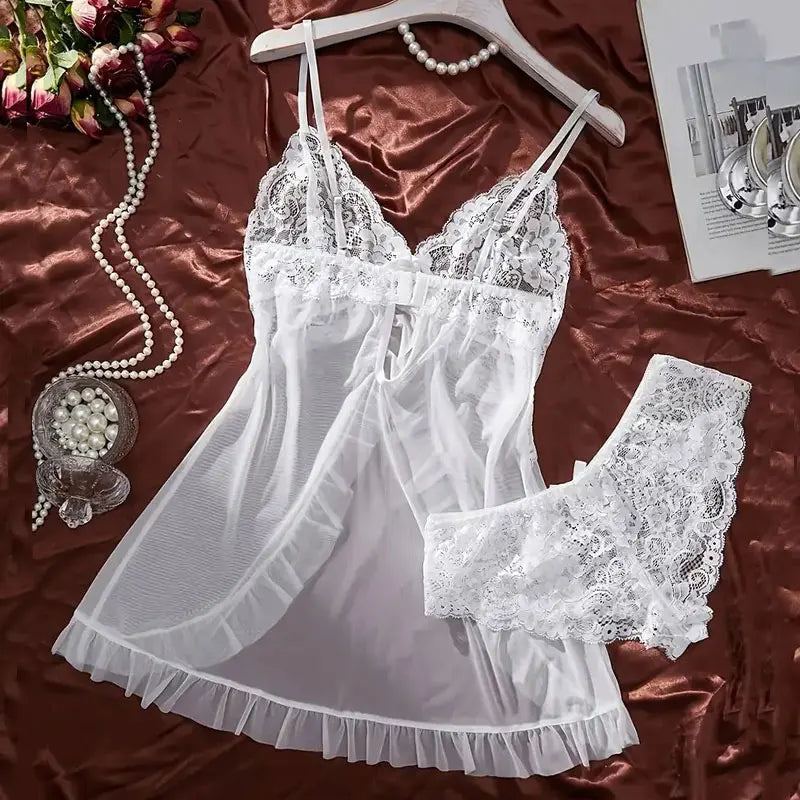 Ultra-Sexy Sheer Tulle Lingerie Set – V-Neck Bra, Open Sleep Skirt & Sheer Pants
