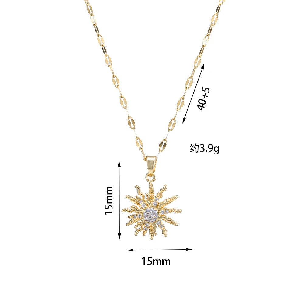 Rotating Flower Pendant Necklace – Antique Gold Stainless Steel Chain with White Zircon Sun Design for Women