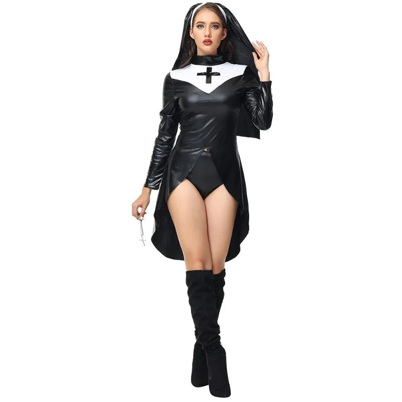 Sexy Sultry Patent Leather Jumpsuit – Naughty Nun Cosplay Outfit for Women | Festival & Roleplay Costume