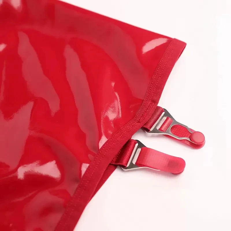 Sexy Women’s Shiny Oil-Slick Hip Wrap Mini Skirt with Metal Buckle Garters – Erotic Faux Leather Clubwear