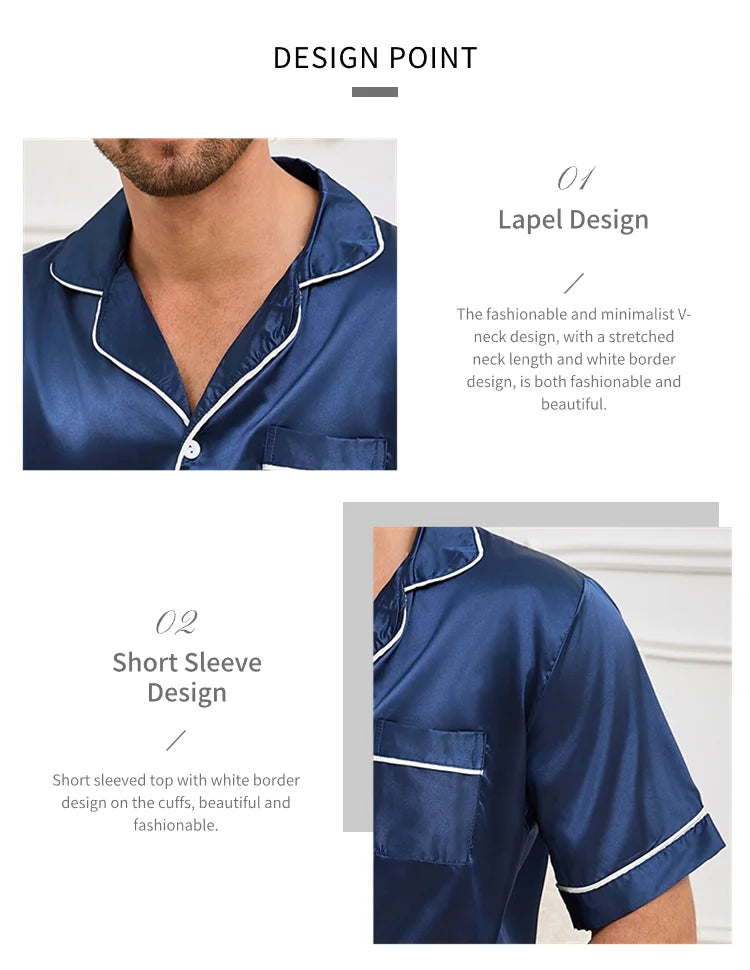 Men’s Satin Short Sleeve Pajama Set – Summer Sleepwear with Button-Down Shirt & Elastic Waist Shorts