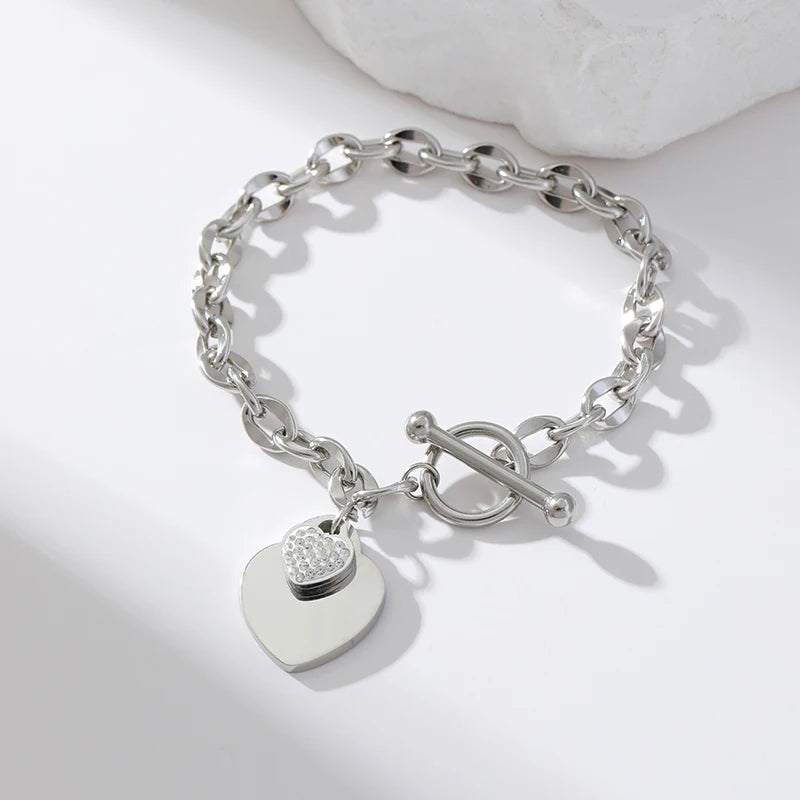 Elegant 3-Color Double Heart Necklace & Bracelet Set – Stainless Steel, Gold/Silver, Waterproof Crystal Jewellery for Women