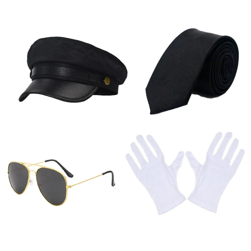 Men’s Chauffeur Costume Kit – Limo Driver Hat, Gloves, Tie & Sunglasses – Cosplay & Theme Party Accessories