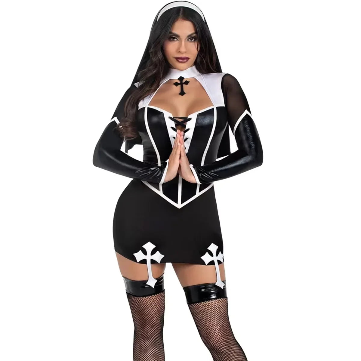 Sexy PU Leather Halloween Costume – Women's Long Sleeve Cut-Out Cosplay Dress (Maid/Nun Inspired)