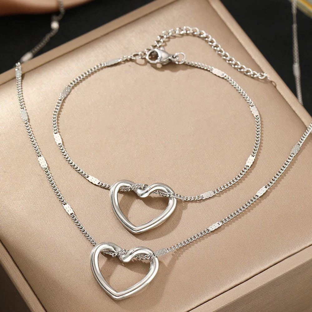 Heart Love Jewelry Set – Necklace & Bracelet Set for Women | Glossy Waterproof Stainless Steel, Romantic Birthday Gift