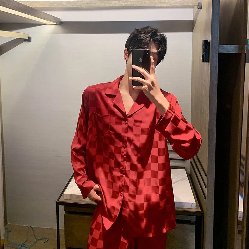 Men’s & Teen Boys Pajama Set – Thin Ice Silk Long Sleeve Sleepwear, Spring/Autumn Loungewear