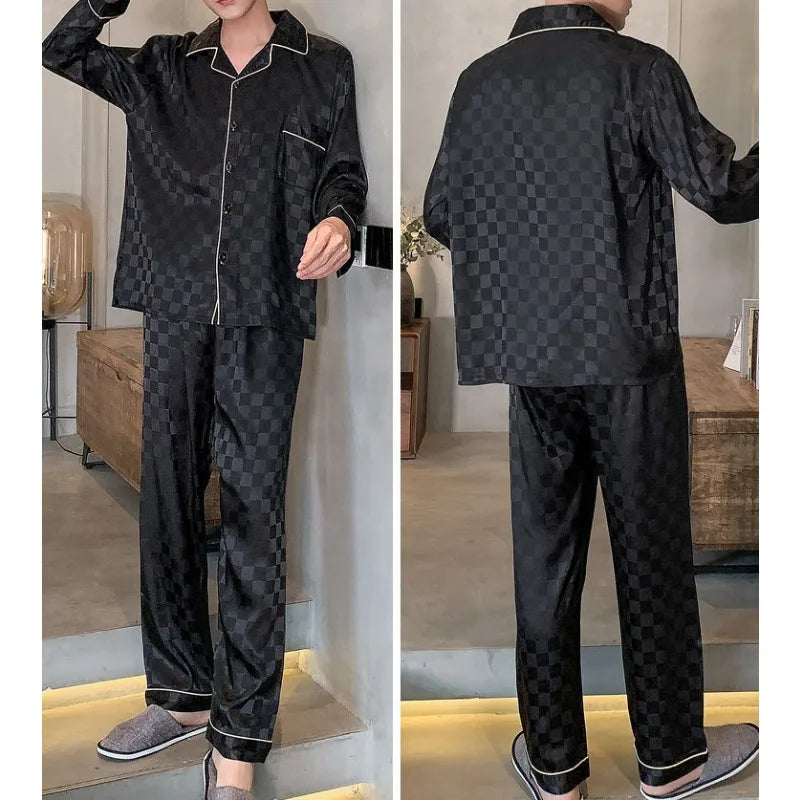Men’s & Teen Boys Pajama Set – Thin Ice Silk Long Sleeve Sleepwear, Spring/Autumn Loungewear