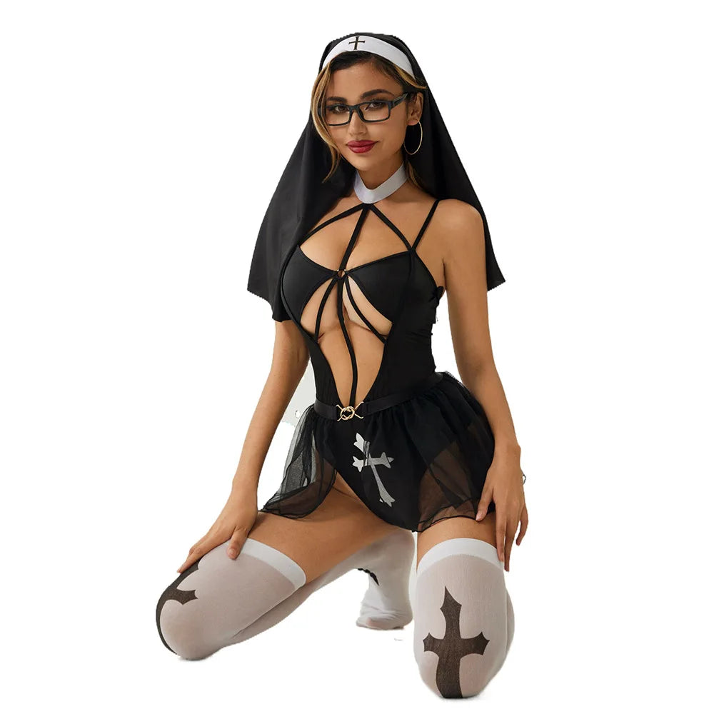 Anime Girl Nun Costume – Women’s Cross Bodysuit Outfit for Halloween & Cosplay