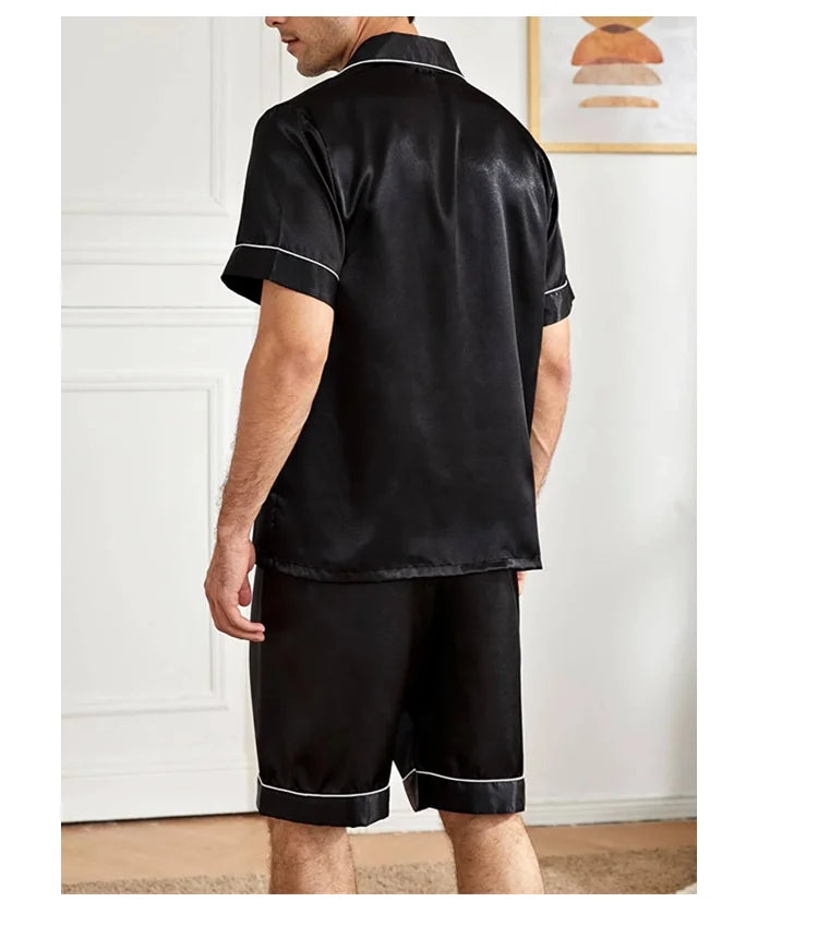 Men’s Satin Short Sleeve Pajama Set – Summer Sleepwear with Button-Down Shirt & Elastic Waist Shorts