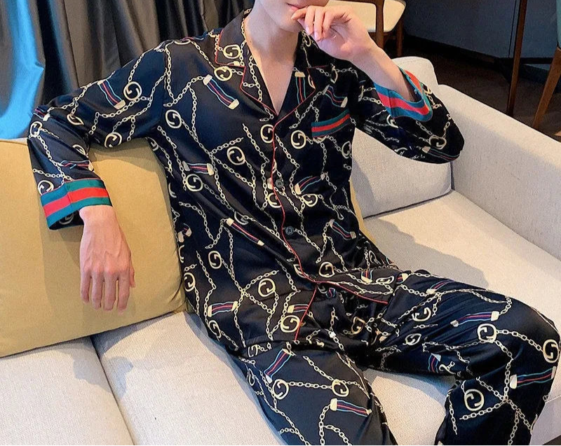 Men’s & Teen Boys Pajama Set – Thin Ice Silk Long Sleeve Sleepwear, Spring/Autumn Loungewear