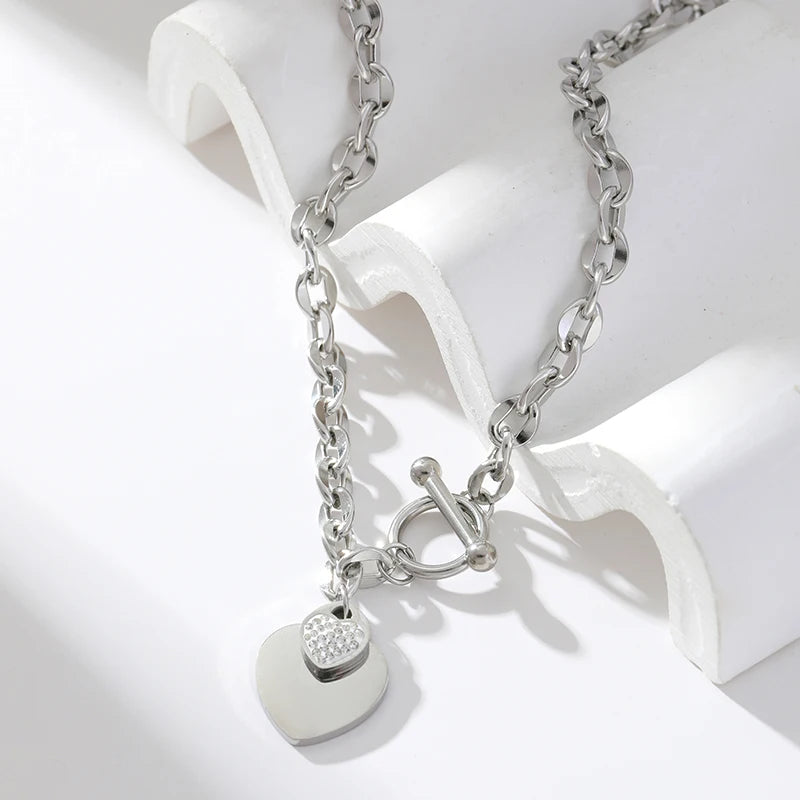 Elegant 3-Color Double Heart Necklace & Bracelet Set – Stainless Steel, Gold/Silver, Waterproof Crystal Jewellery for Women