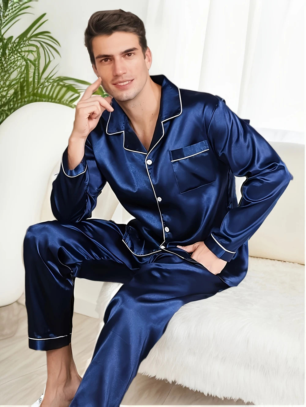 Men’s Silk-Feel Pijama Set – Long Sleeve Microfiber Sleepwear & Loungewear, Plus Size Home Nightwear
